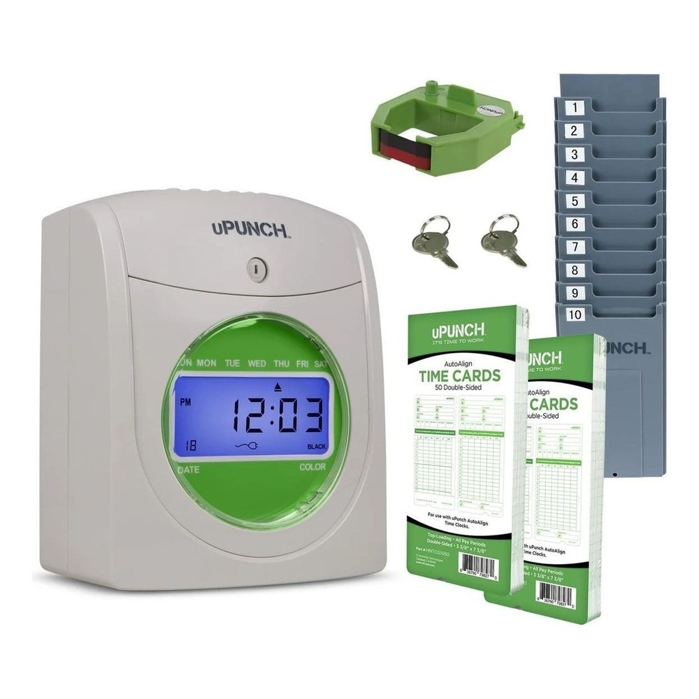 uPunch HN1500C Digital Time Clock Bundle AutoAlign 100 Cards Rack Keys